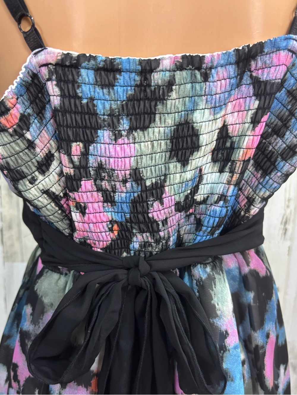 Dressbarn Sleeveless Watercolor Smocked Back Midi Dress - Picture 6 of 10